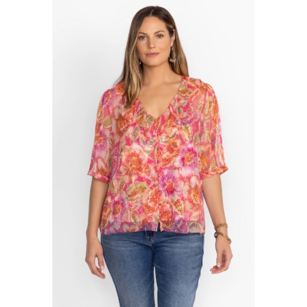 Jade Johnny Was Marcia‎ Ruffle Blouse Silk V Neck Puff Sleeve Floral Pink Large